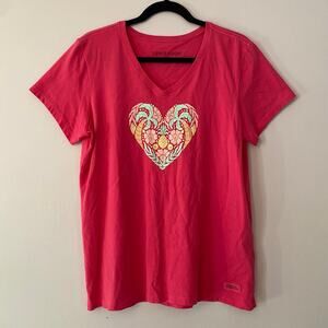 Life Is Good Hot Pink Crusher Tee Tropical Heart V-Neck Women's size Large